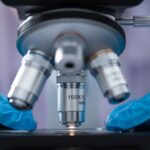 close-up of Microscope lens, science tools microscope in laboratory