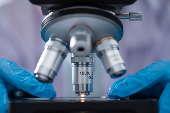 close-up of Microscope lens, science tools microscope in laboratory